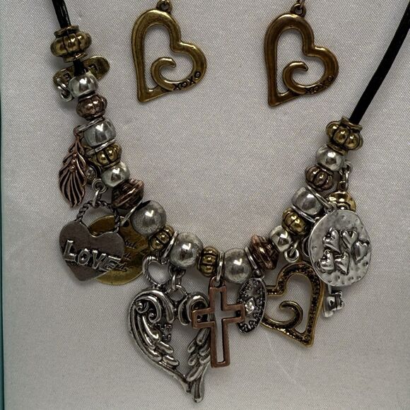 Multi Dangle Charm Beaded Leather Rope Necklace With Matching Earrings New - Picture 2 of 5